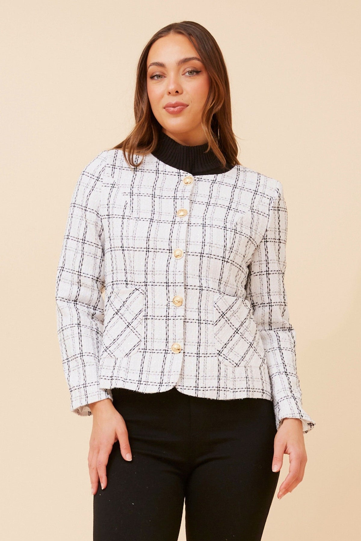 Image of Coats & Jackets. Product name - ZHAN CHECK PRINT JACKET in Black And White colour by brand - Caroline Morgan Australia