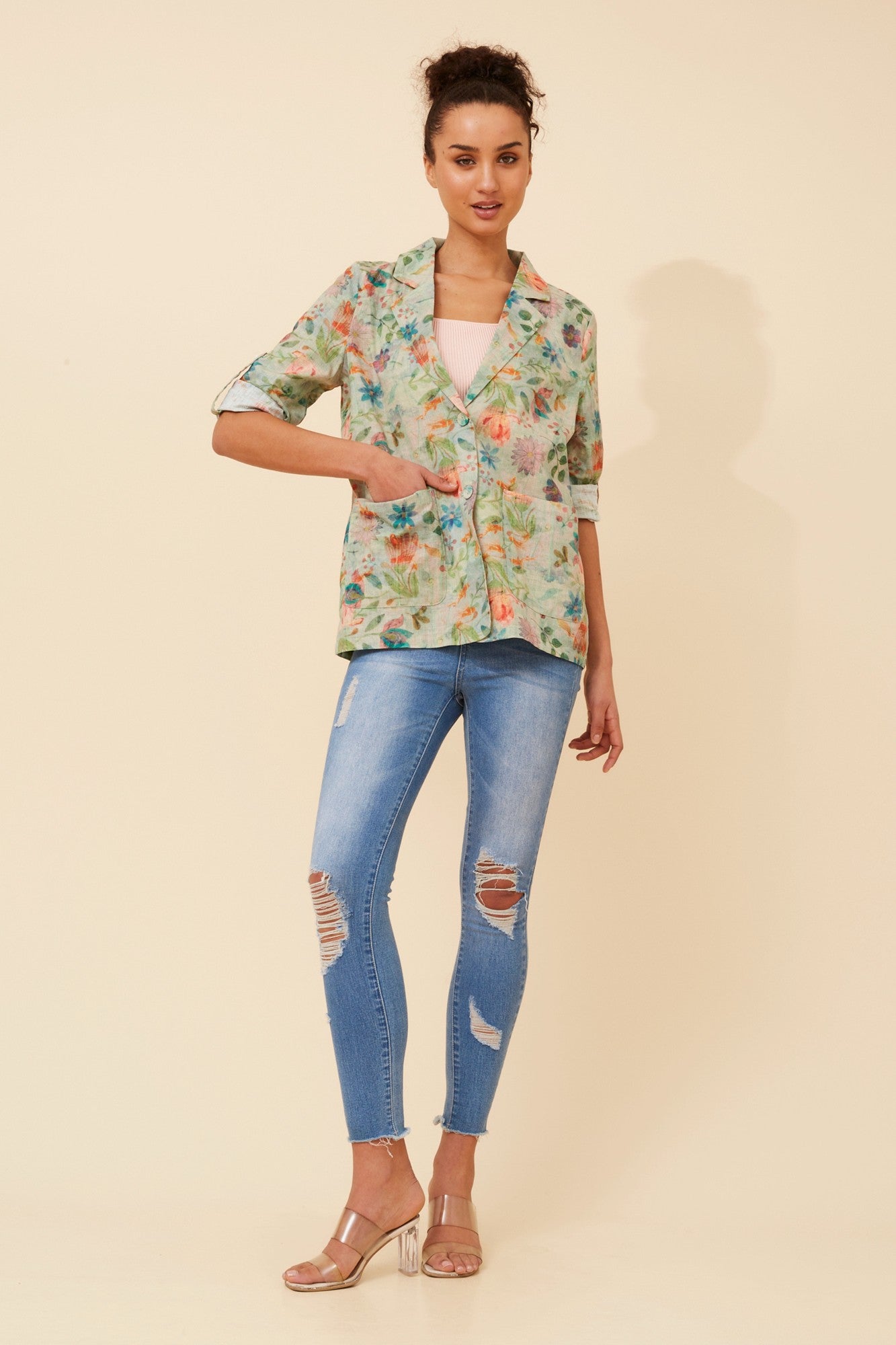 Image of Coats & Jackets. Product name - ELIORA FLORAL JACKET in Multi Green colour by brand - Caroline Morgan Australia
