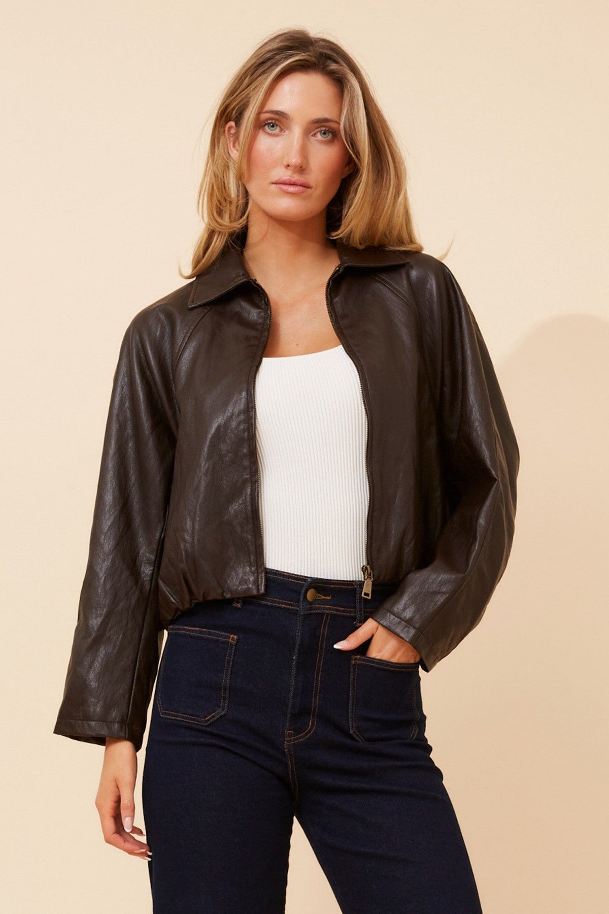 Image of Coats & Jackets. Product name - HUGHIE VEGAN LEATHER JACKET in Chocolate colour by brand - Caroline Morgan Australia
