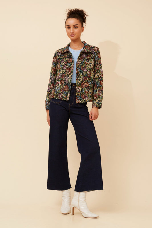 Image of Coats & Jackets. Product name - JUNIA FLORAL TAPESTRY JACKET in Multi Black colour by brand - Caroline Morgan Australia
