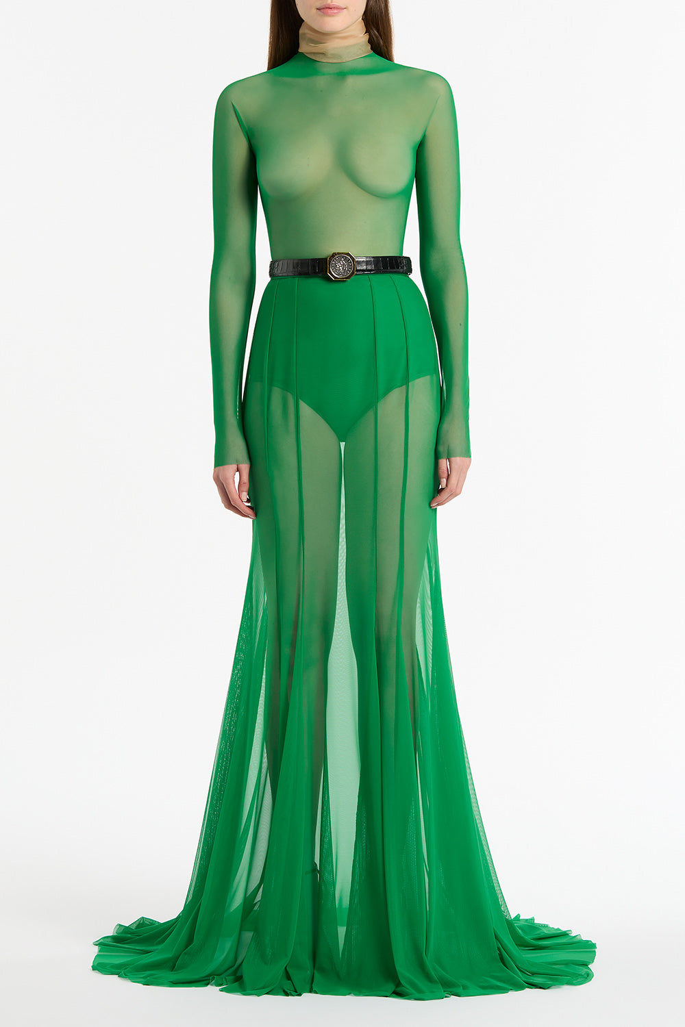 Image of Bodysuits. Product name - Jade Pura Mesh Bodysuit in Green colour by brand - Carla Zampatti