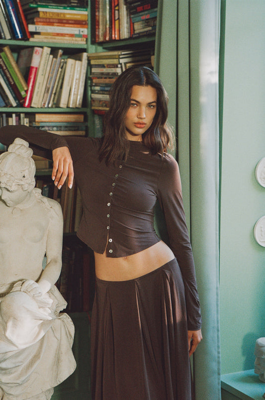 Image of a model wearing Tops. Product name - Jolie Top in Chocolate colour by brand - With Jéan