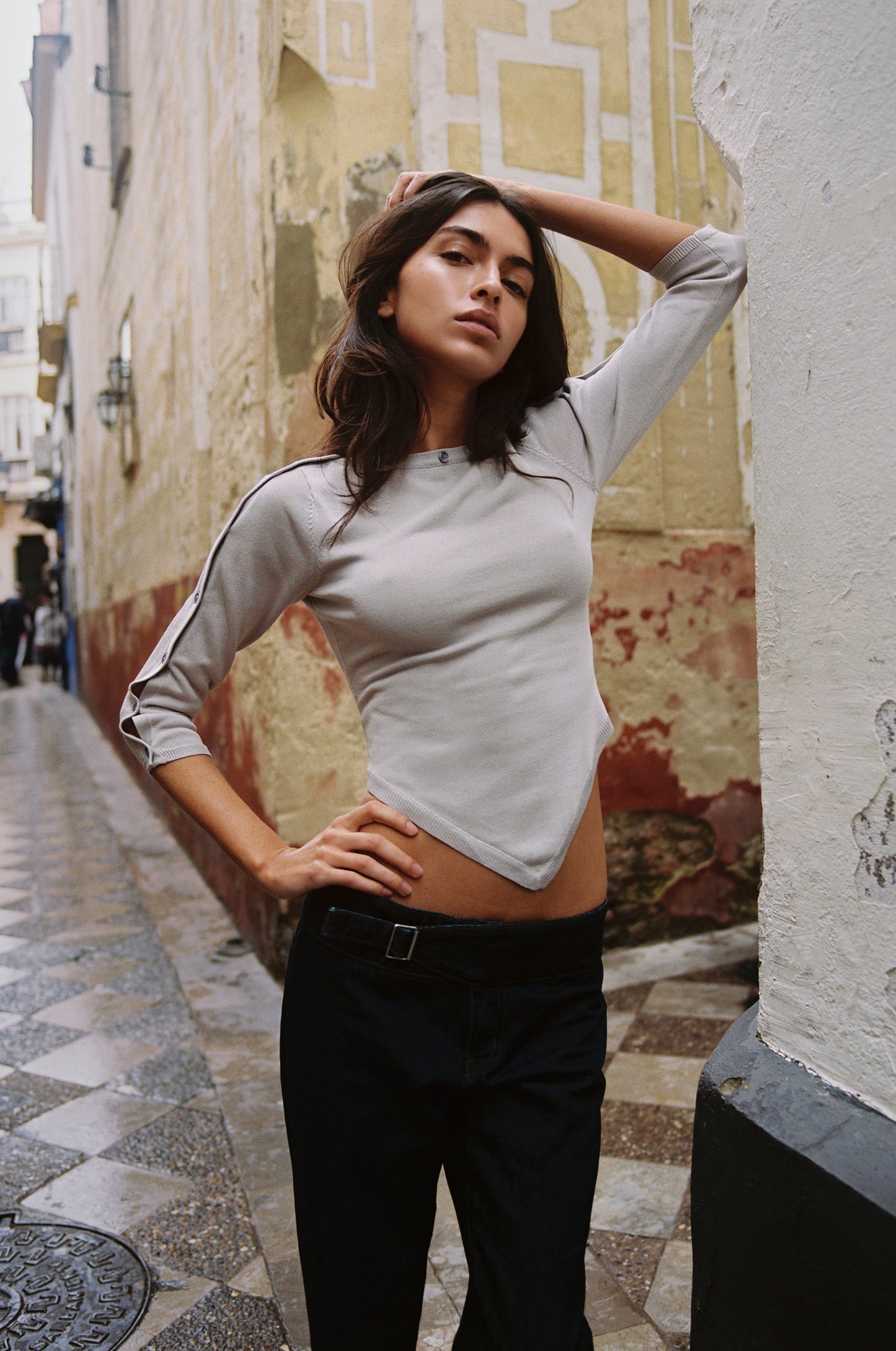 Image of a model wearing Tops. Product name - Joy Top in Stone colour by brand - With Jéan