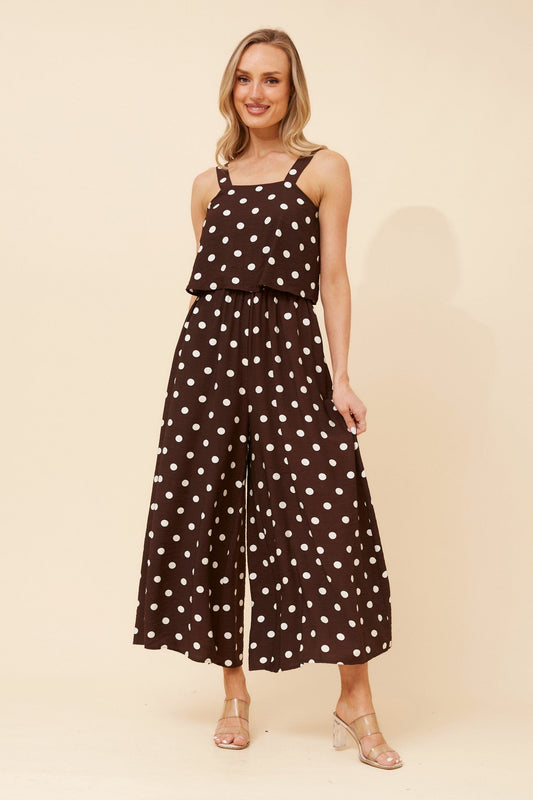 Image of Bodysuits. Product name - WAYUN POLKA DOT PRINT JUMPSUIT in Coffee colour by brand - Caroline Morgan Australia