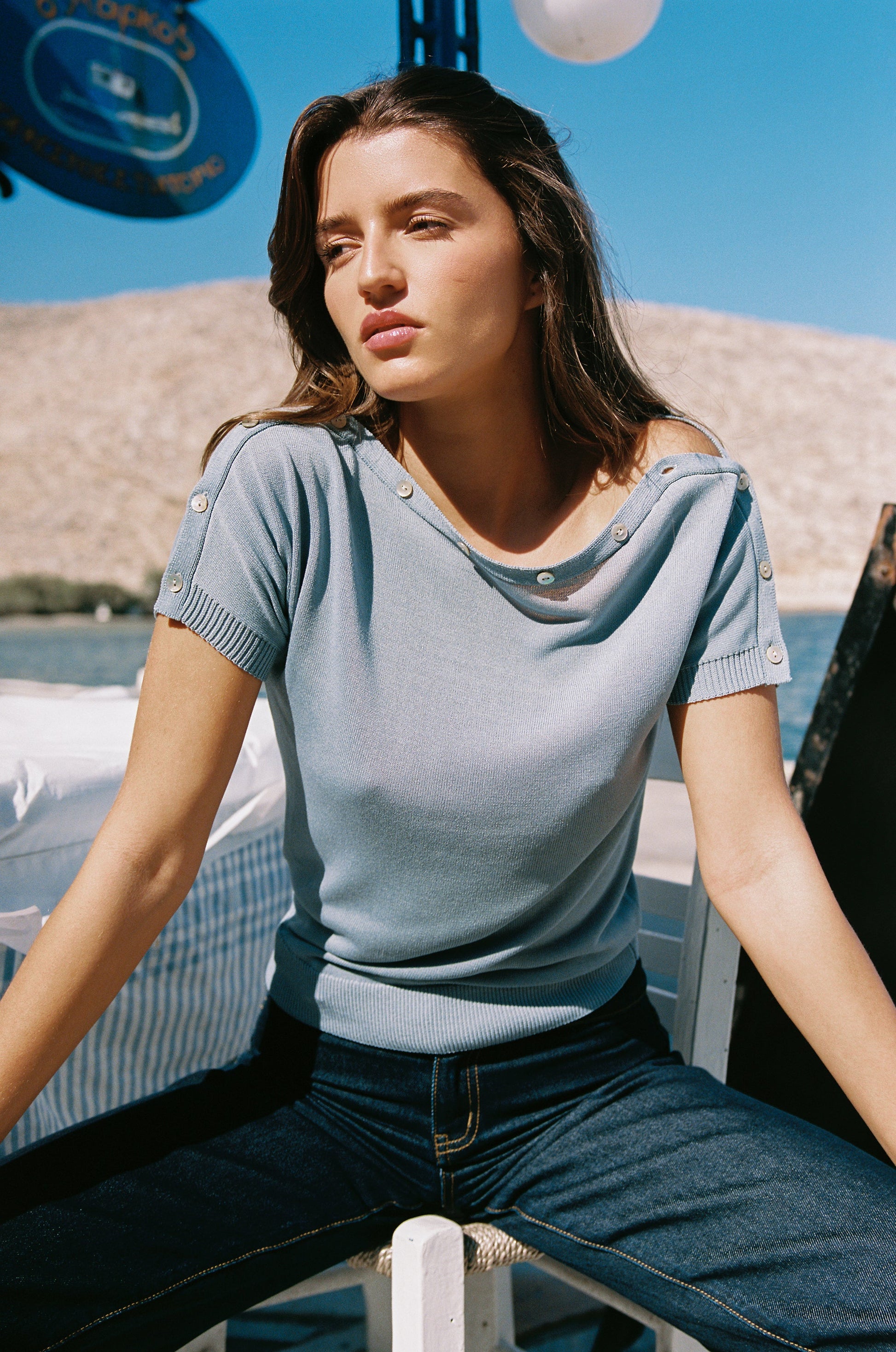 Image of a model wearing Tops. Product name - June Top in Blue colour by brand - With Jéan