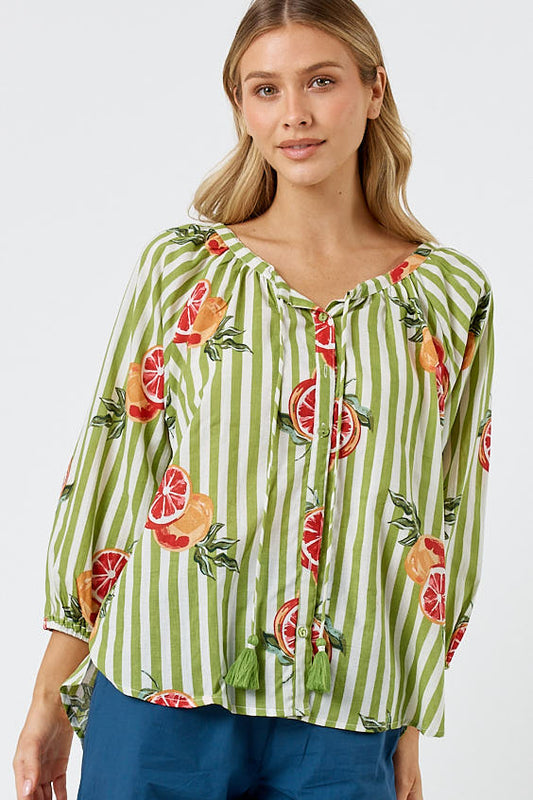 Image of a model wearing Tops. Productname: Kabana Inis Buttoned Top Khaki | EXCLUSIVE in Khaki colour by brand - Kabana