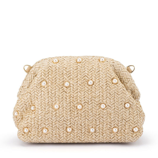 Olga Berg KAIA Studded Woven Clutch (Natural)