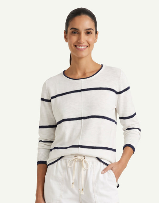 Image of a model wearing Tops. Product name - Kaia Knit Top White/Navy Stripe in White/Navy Stripe colour by brand - Little Lies