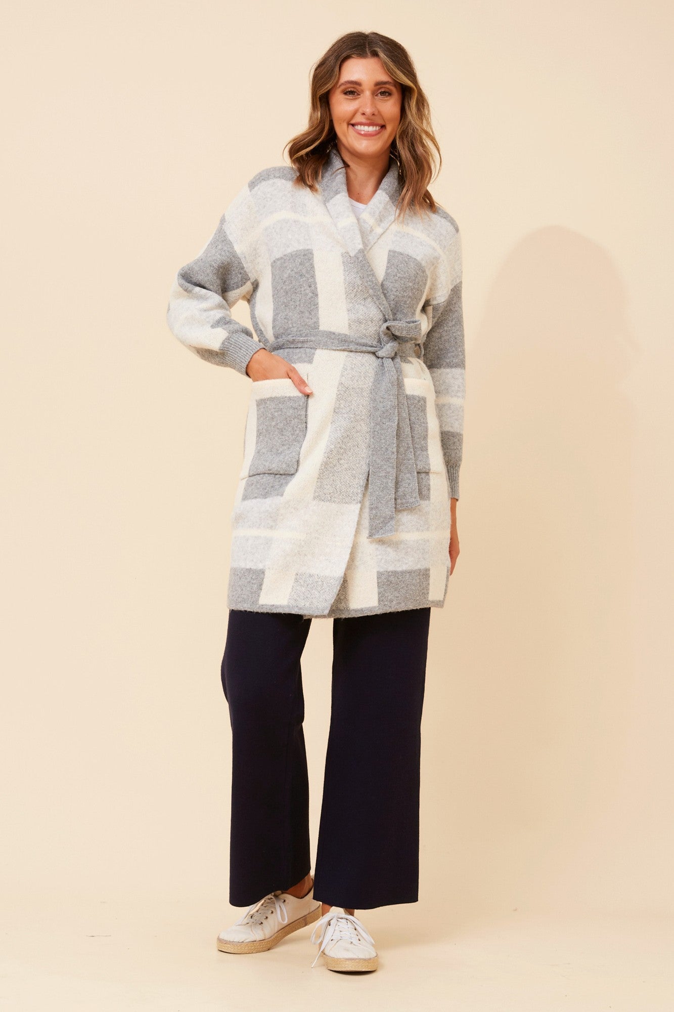 MAVEN CHECKED PRINT KNIT COATIGAN (Multi Grey)