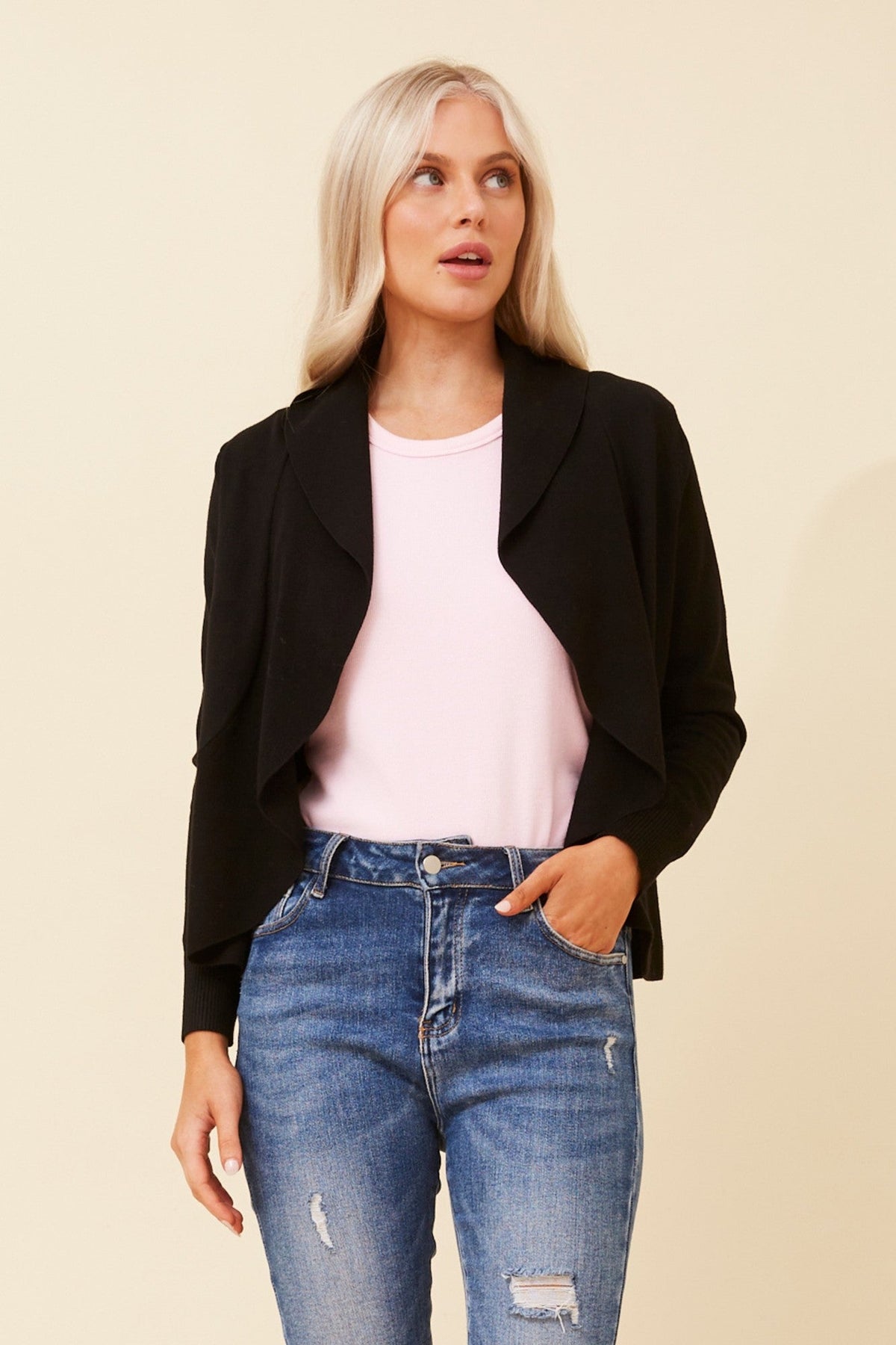 Image of Cardigans. Product name - SAYDA KNIT CARDIGAN in Black colour by brand - Caroline Morgan Australia