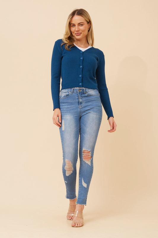 Image of Cardigans. Product name - TENLEY SCALLOPED KNIT CARDIGAN in Teal colour by brand - Caroline Morgan Australia