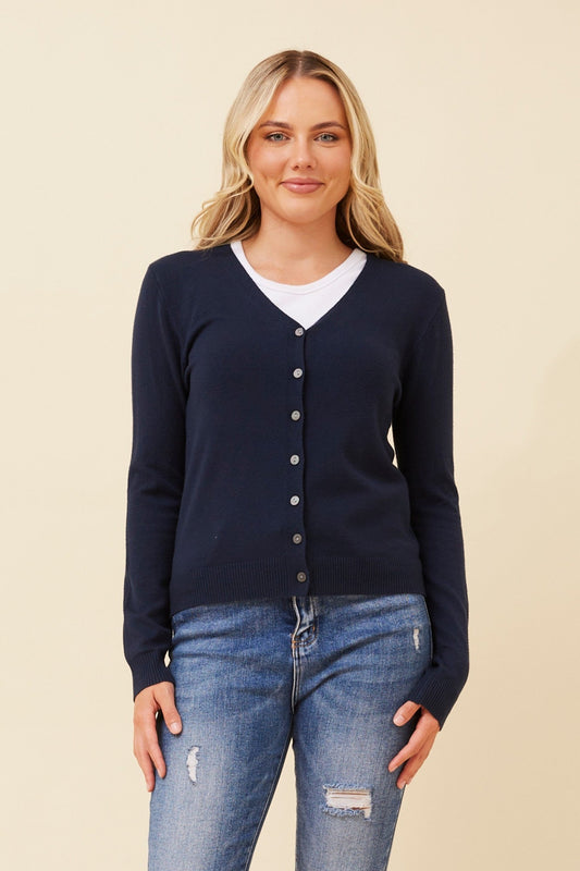 Image of Cardigans. Product name - SHONTAY SOLID KNIT CARDIGAN in Navy colour by brand - Caroline Morgan Australia