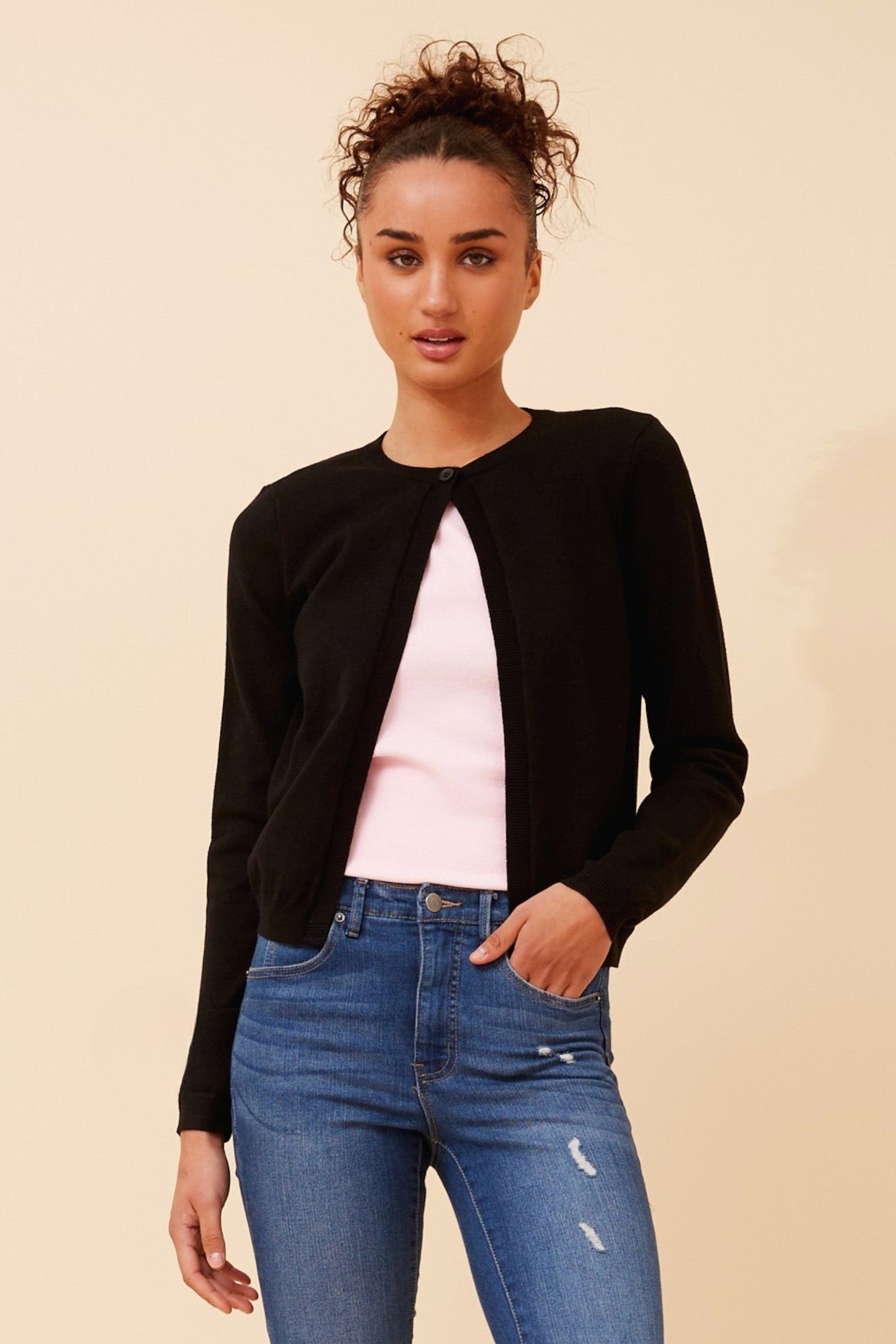 Image of Cardigans. Product name - YALINA SOLID KNIT CARDIGAN in Black colour by brand - Caroline Morgan Australia