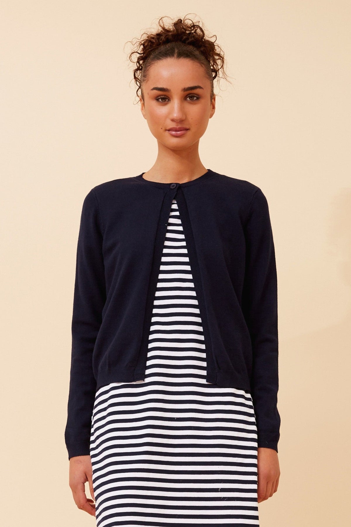 Image of Cardigans. Product name - YALINA SOLID KNIT CARDIGAN in Navy colour by brand - Caroline Morgan Australia