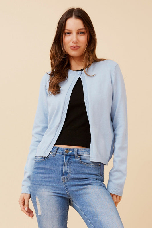Image of Cardigans. Product name - YALINA SOLID KNIT CARDIGAN in Skylight colour by brand - Caroline Morgan Australia