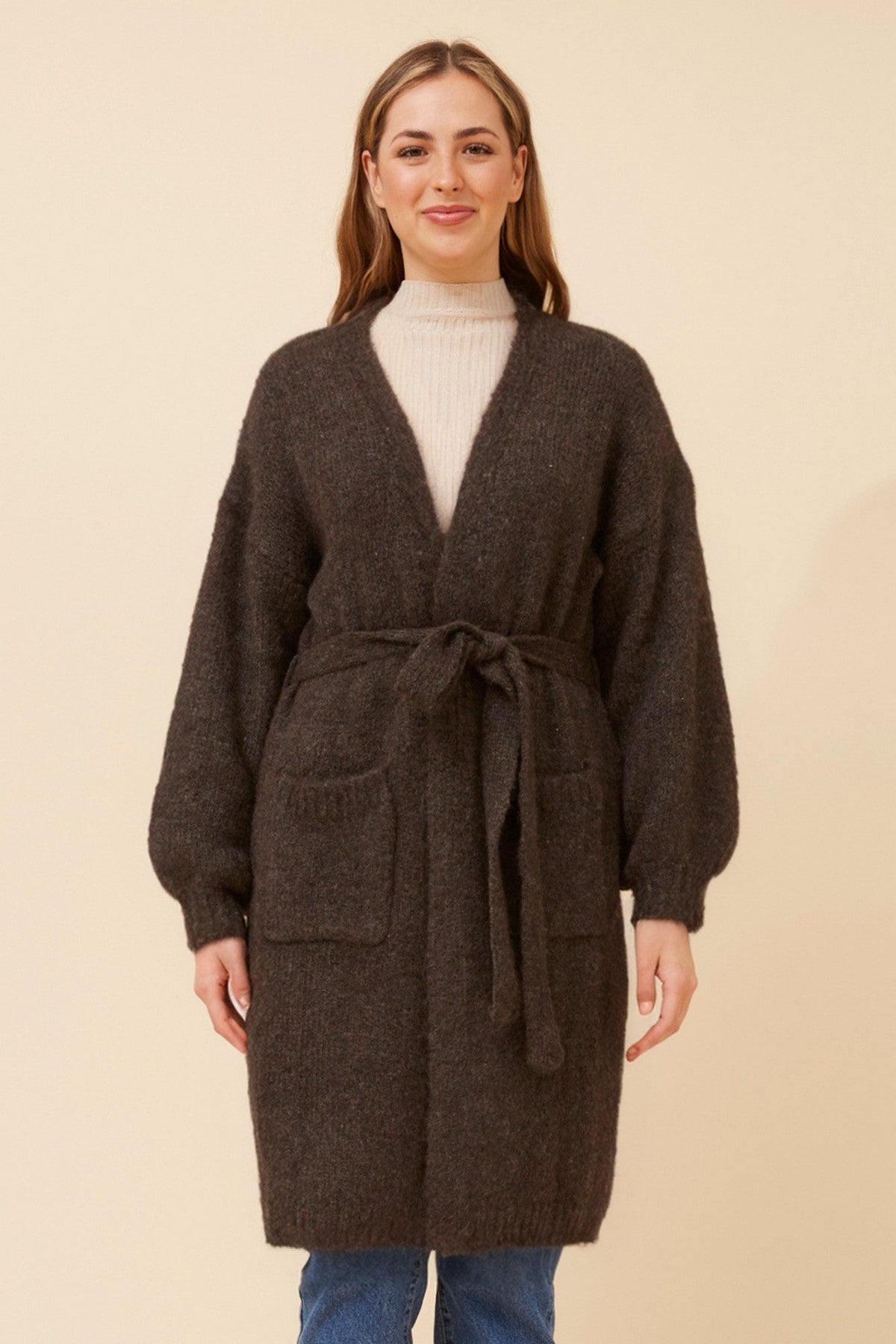 KENDY WOOL BLEND KNIT CARDIGAN (Chocolate)