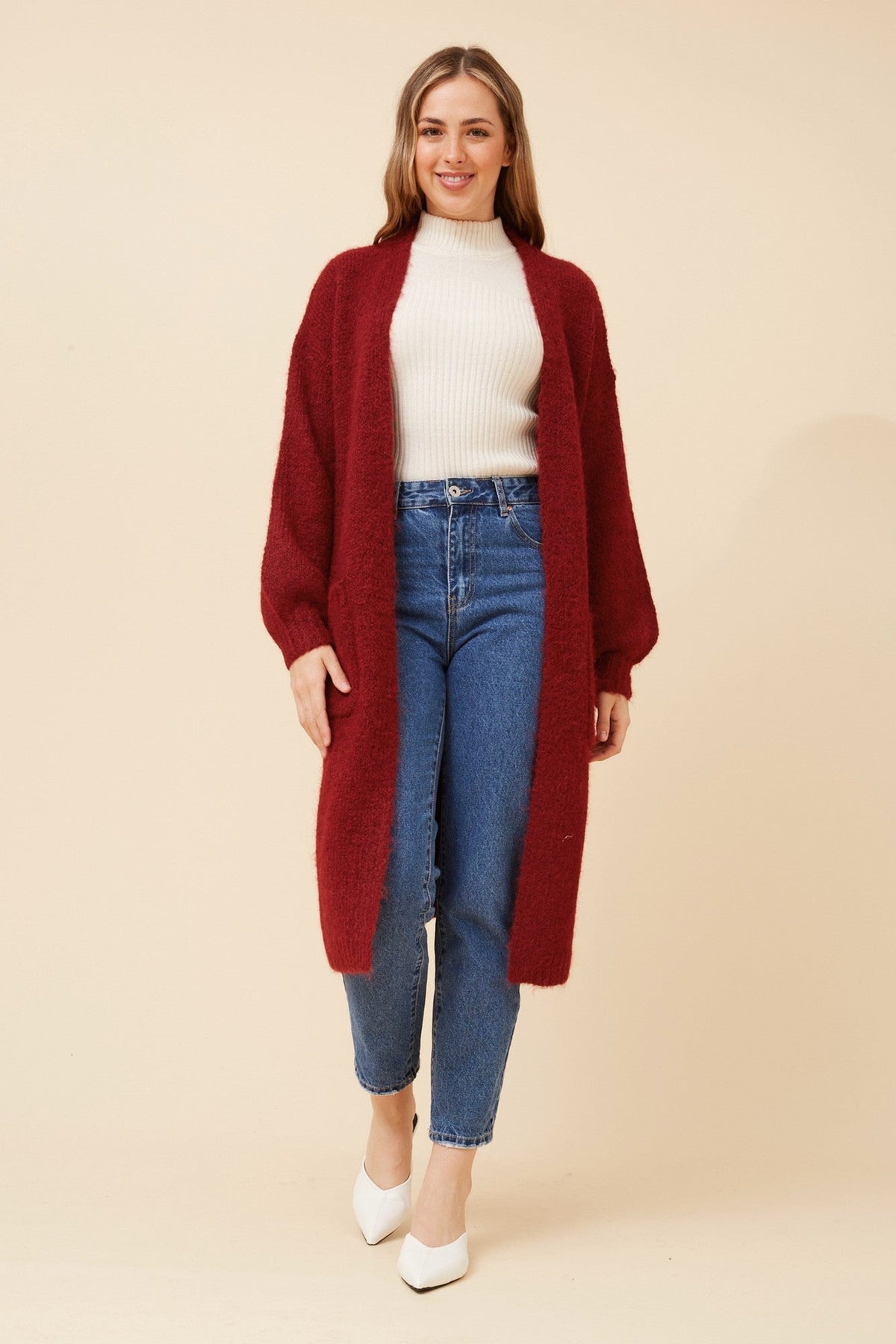 Image of Cardigans. Product name - KENDY WOOL BLEND KNIT CARDIGAN in Chocolate colour by brand - Caroline Morgan Australia