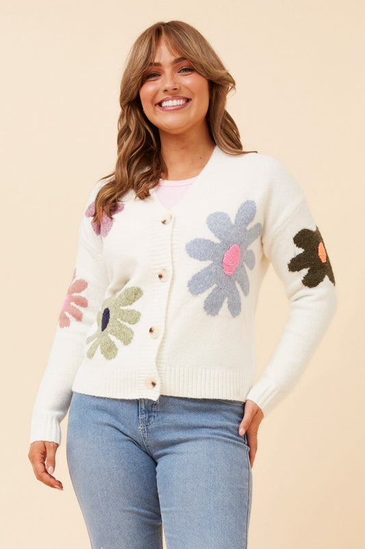 Image of Cardigans. Product name - THEODORA FLORAL PRINT KNIT CARDIGAN in Ivory colour by brand - Caroline Morgan Australia