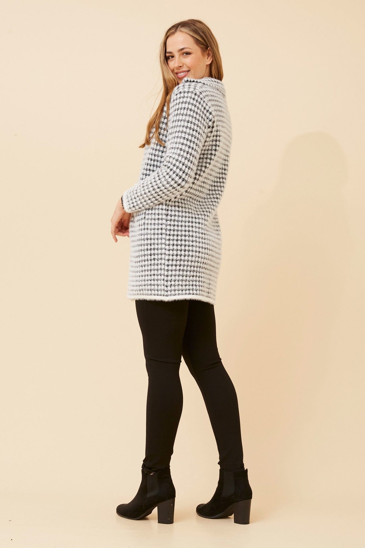 BRAD HOUNDSTOOTH PRINT KNIT COATIGAN (White)