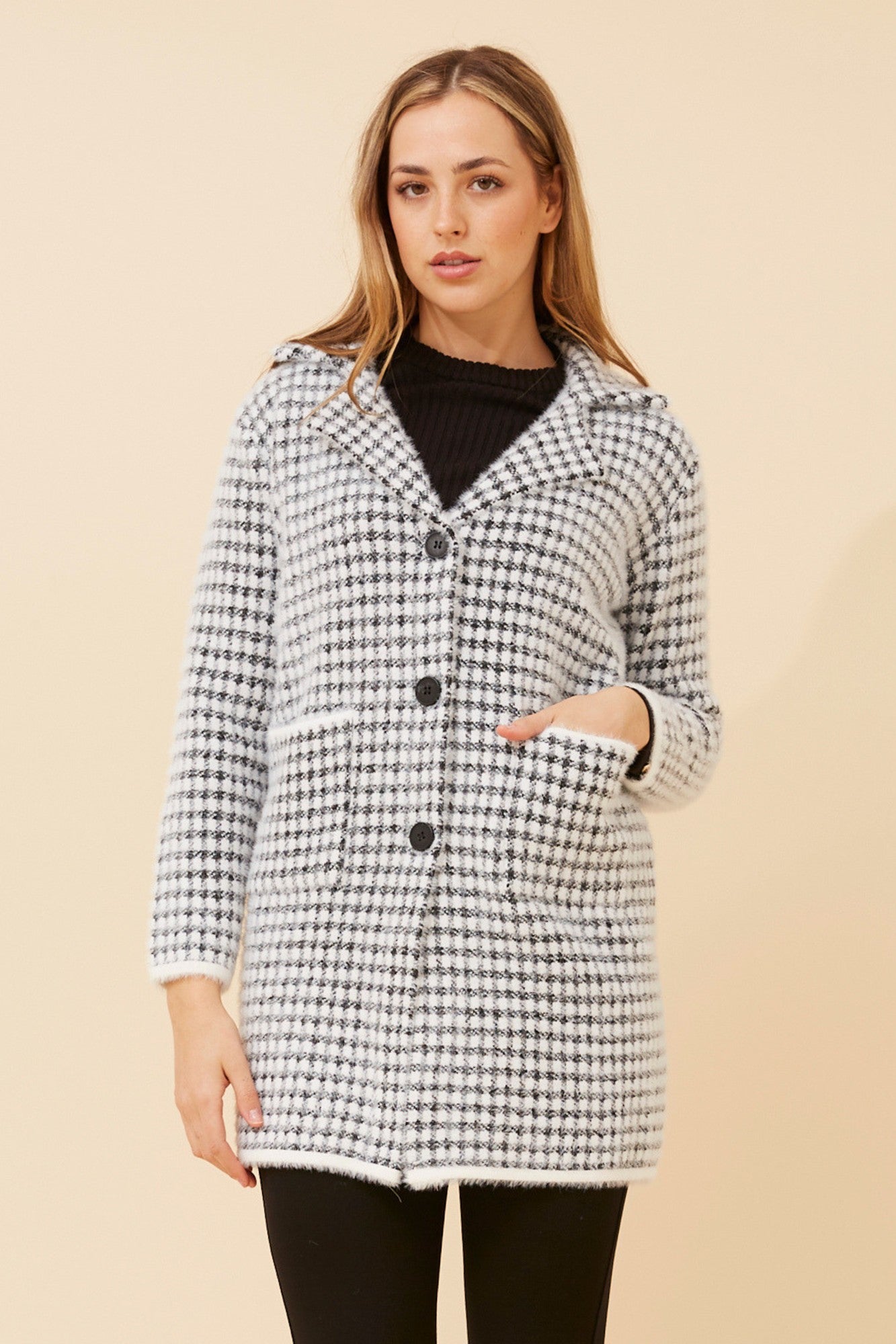 BRAD HOUNDSTOOTH PRINT KNIT COATIGAN (White)