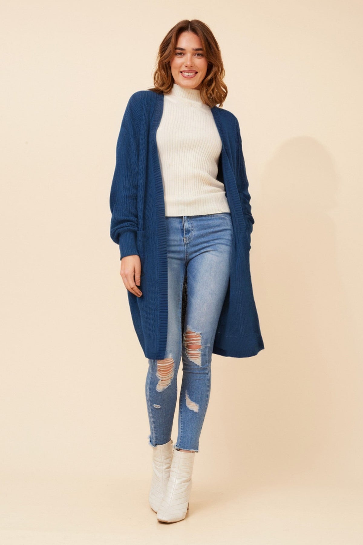 Image of Cardigans. Product name - MALIAH SOLID KNIT CARDIGAN in Teal colour by brand - Caroline Morgan Australia