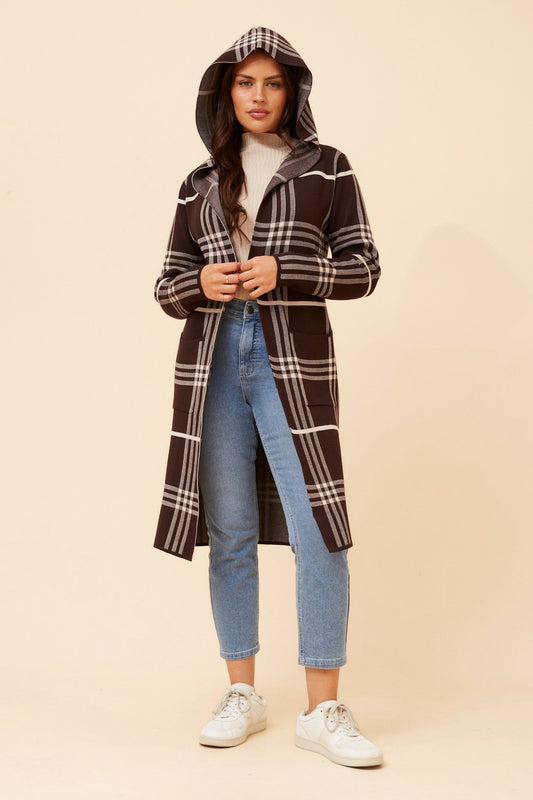 Image of Cardigans. Product name - TORONTO CHECK PRINT KNIT CARDIGAN in Chocolate colour by brand - Caroline Morgan Australia