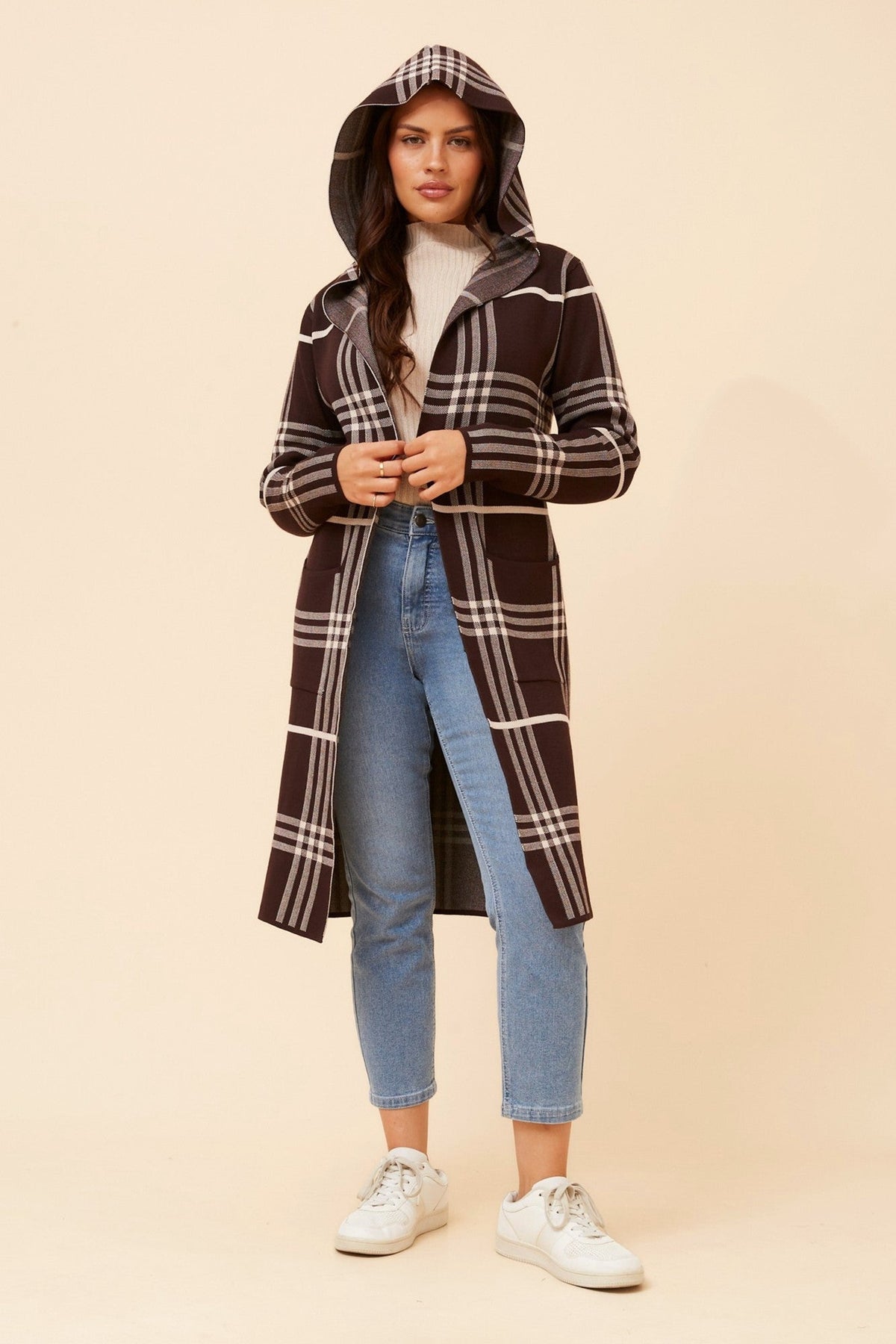 Image of Cardigans. Product name - TORONTO CHECK PRINT KNIT CARDIGAN in Navy colour by brand - Caroline Morgan Australia