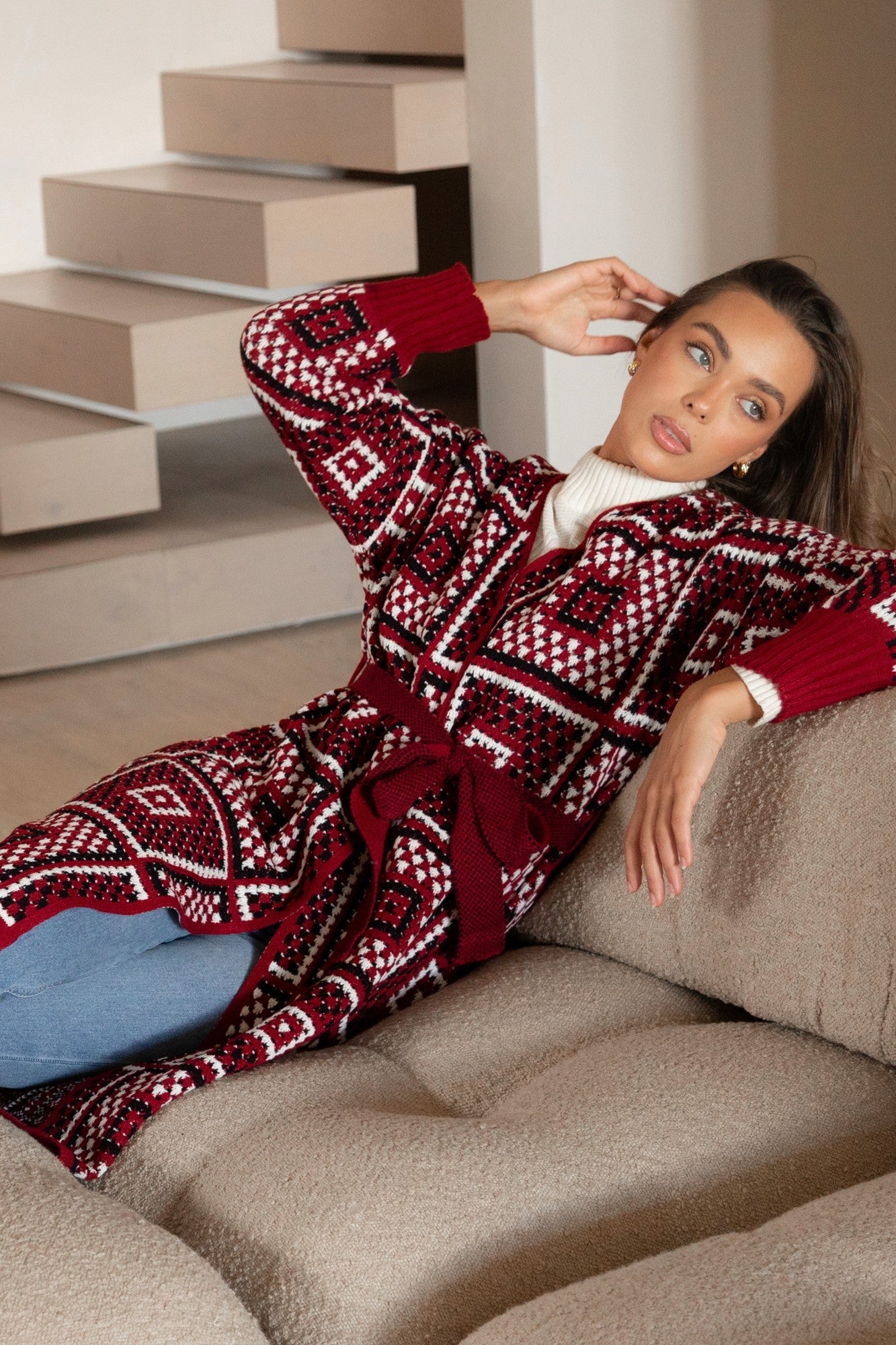 VALENTINA PATCHWORK PATTERN KNIT CARDIGAN (Rich Red)