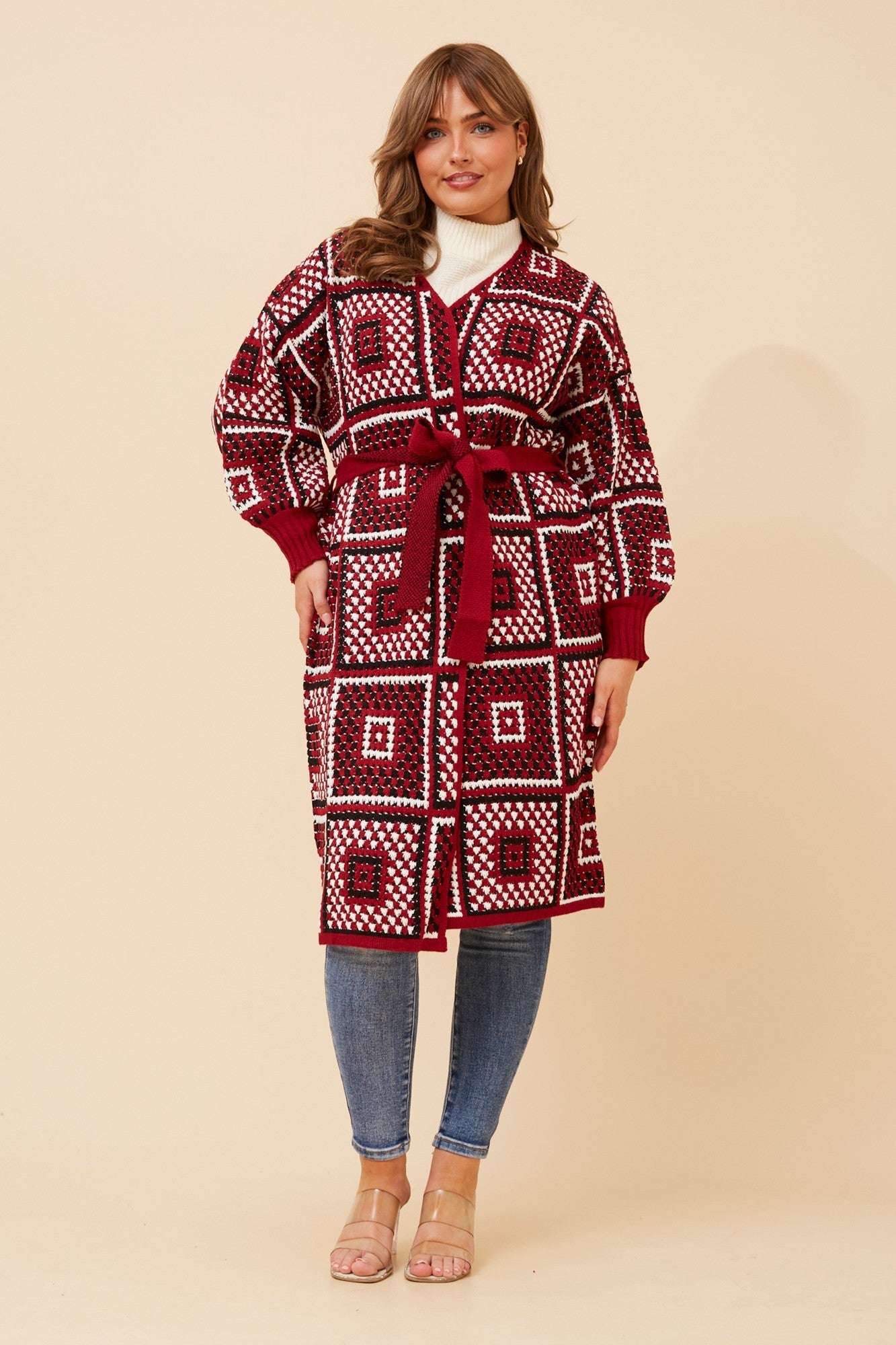 Image of Cardigans. Product name - VALENTINA PATCHWORK PATTERN KNIT CARDIGAN in Rich Red colour by brand - Caroline Morgan Australia