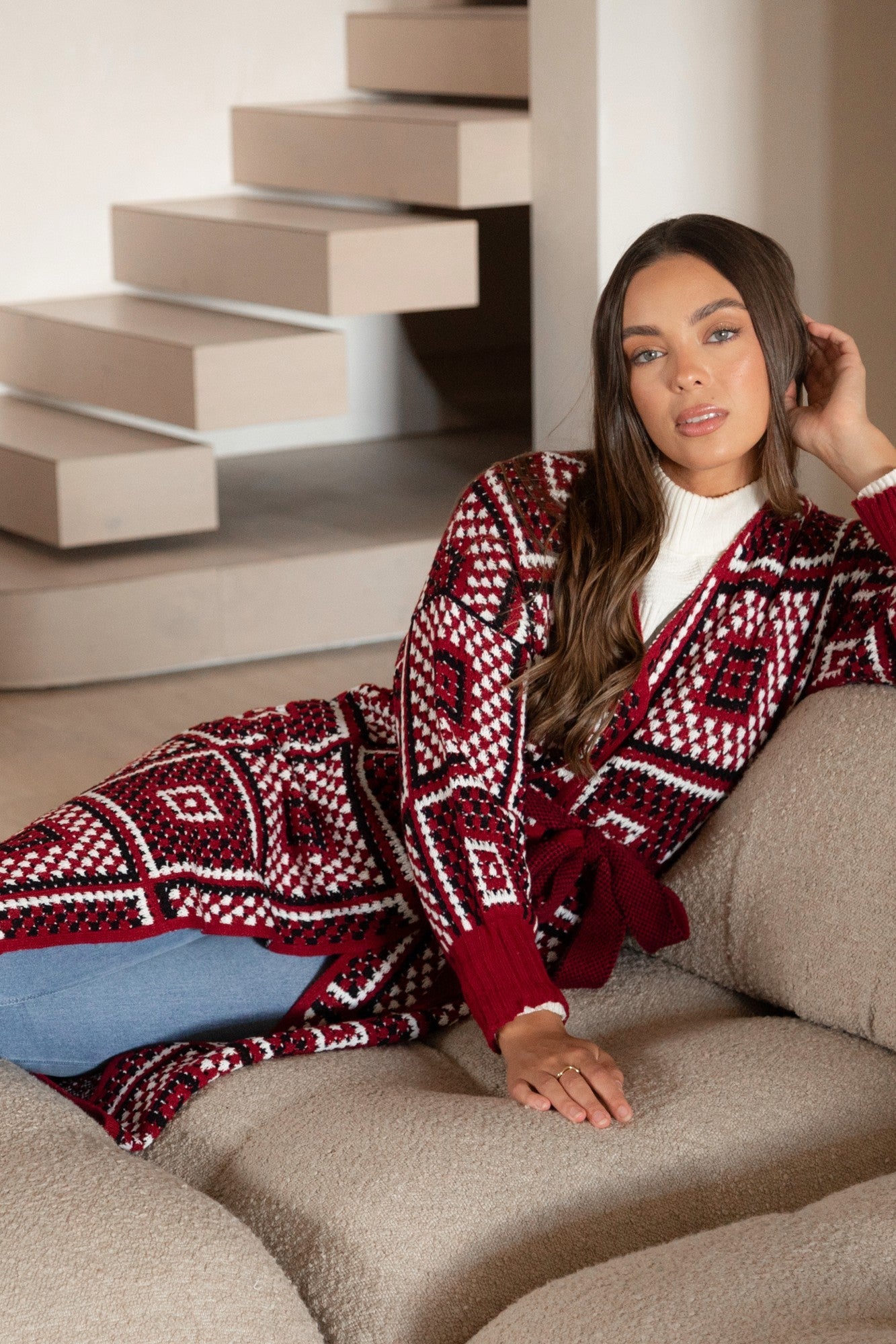 VALENTINA PATCHWORK PATTERN KNIT CARDIGAN (Rich Red)