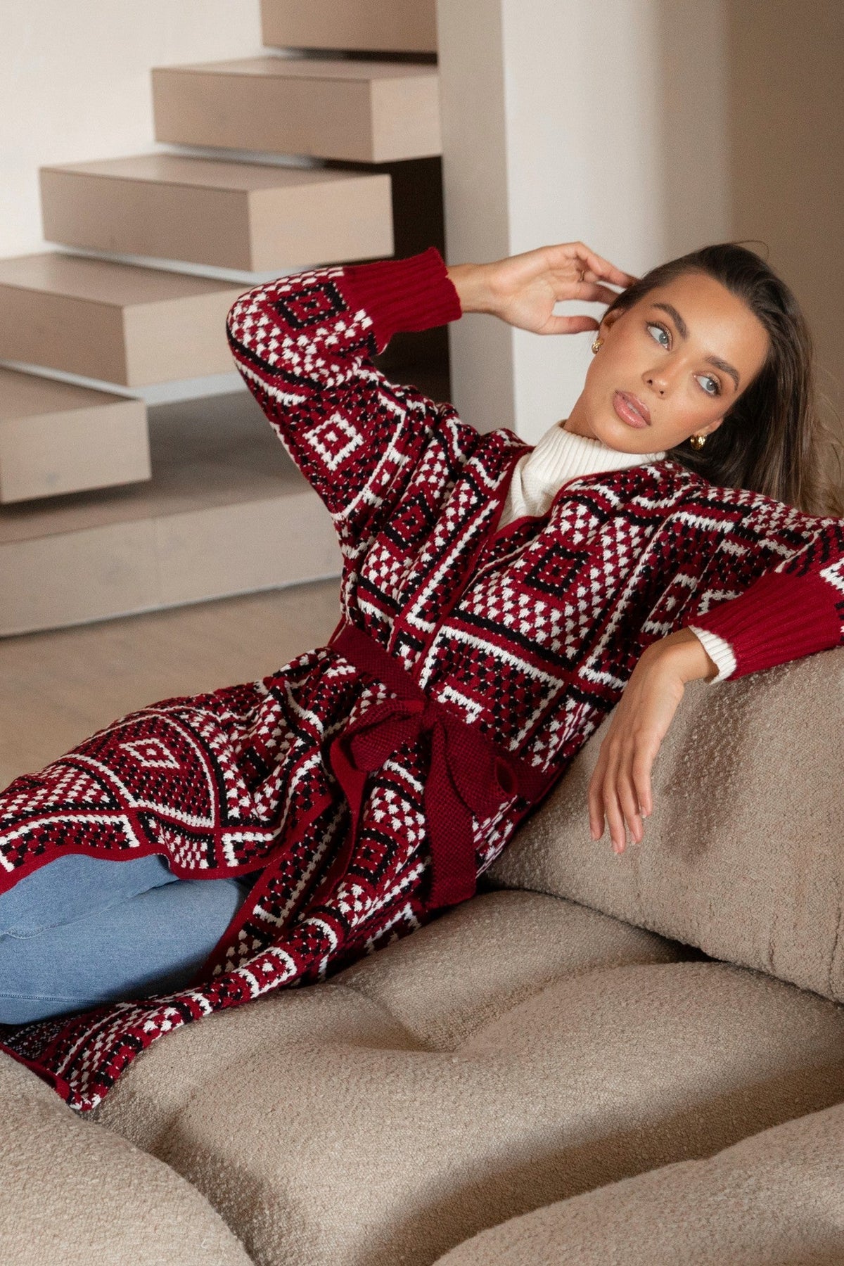 VALENTINA PATCHWORK PATTERN KNIT CARDIGAN (Rich Red)