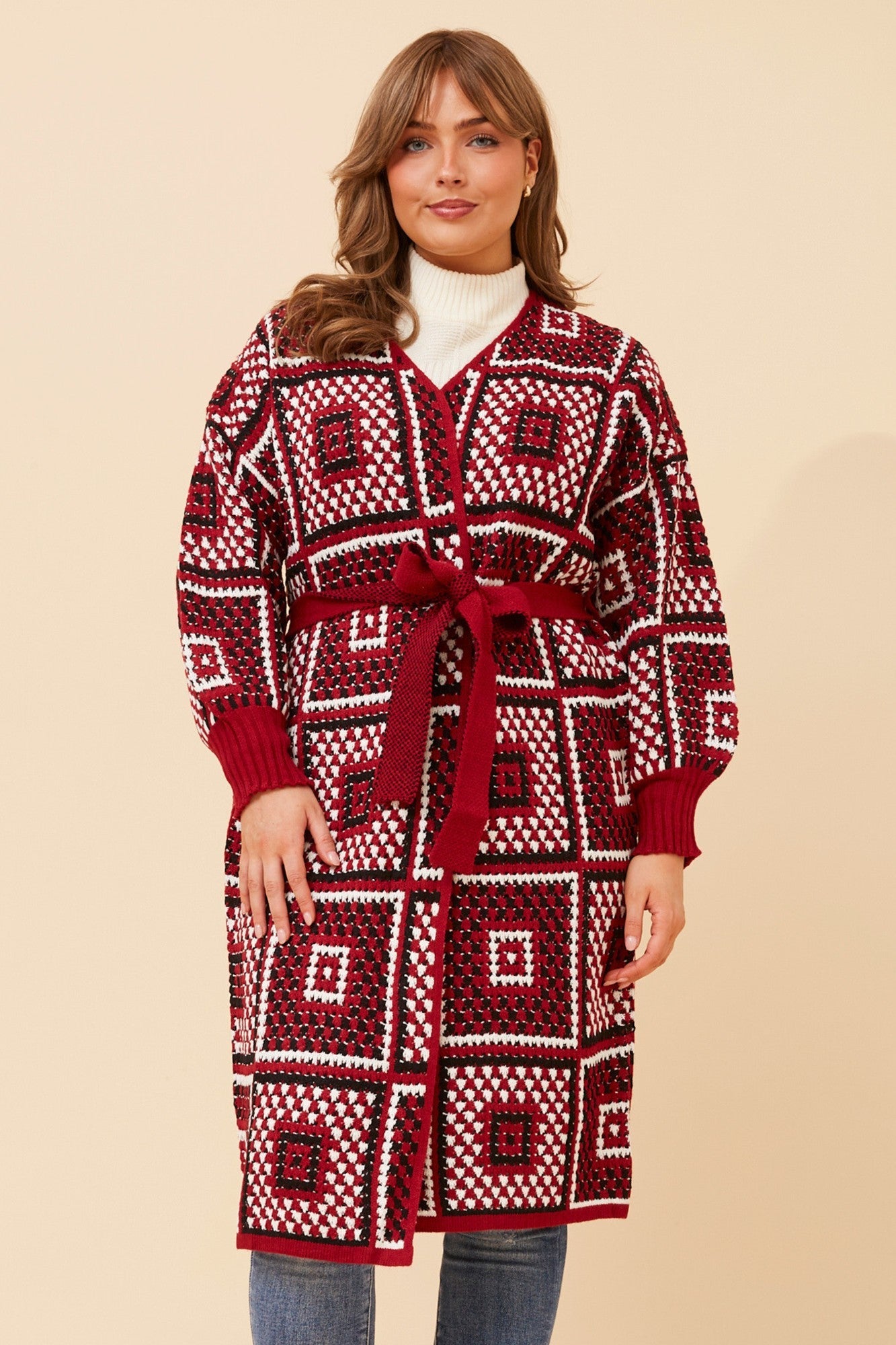 VALENTINA PATCHWORK PATTERN KNIT CARDIGAN (Rich Red)