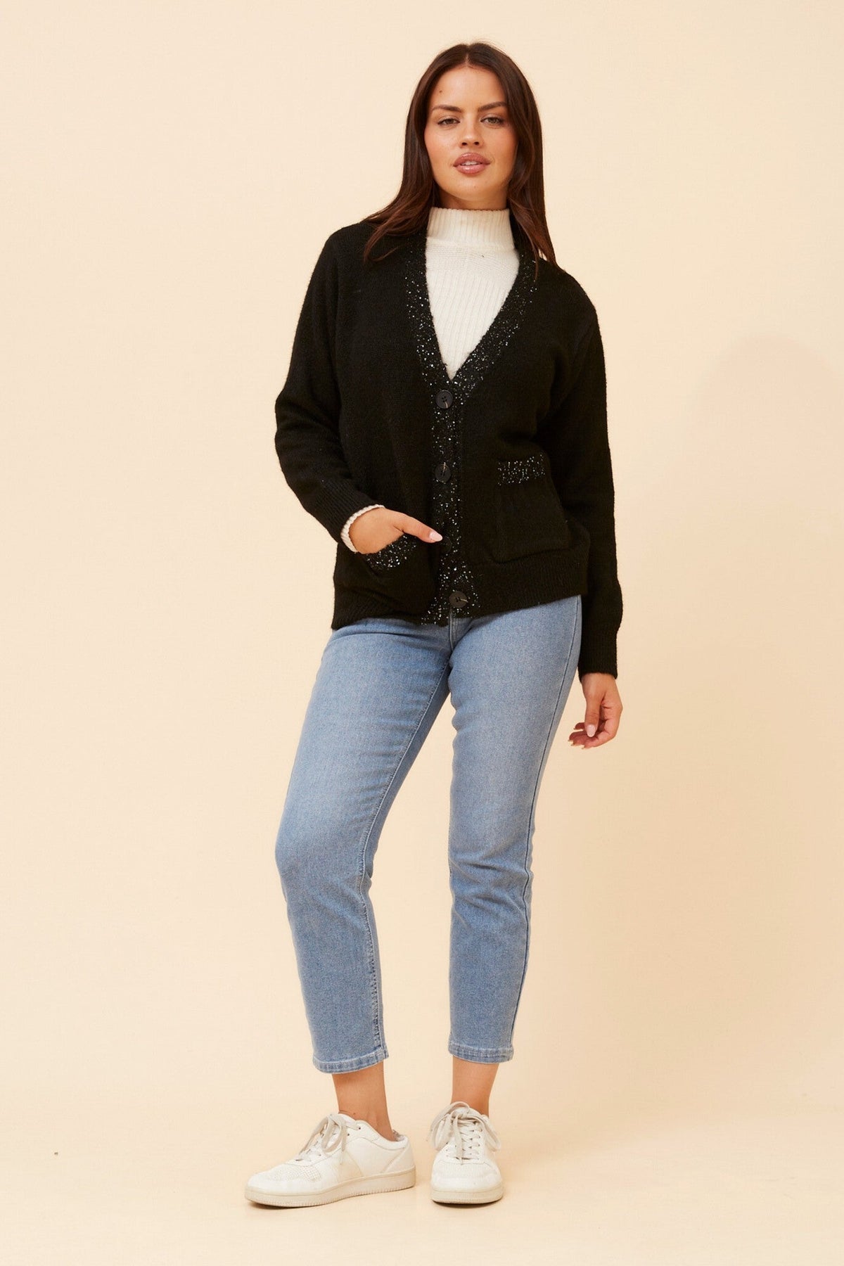 Image of Cardigans. Product name - PAOLINA LUREX KNIT CARDIGAN in Black colour by brand - Caroline Morgan Australia
