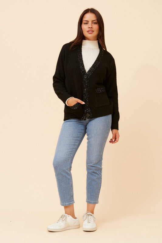 Image of Cardigans. Product name - PAOLINA LUREX KNIT CARDIGAN in Black colour by brand - Caroline Morgan Australia