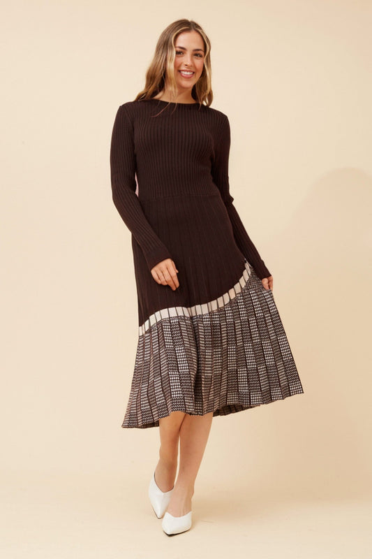 Image of Dresses. Product name - HURST PLEATED KNIT DRESS in Chocolate colour by brand - Stella
