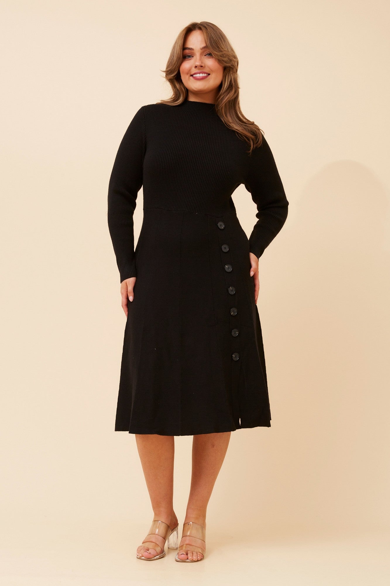 Image of Dresses. Product name - WELDA SOLID KNIT DRESS in Black colour by brand - Caroline Morgan Australia