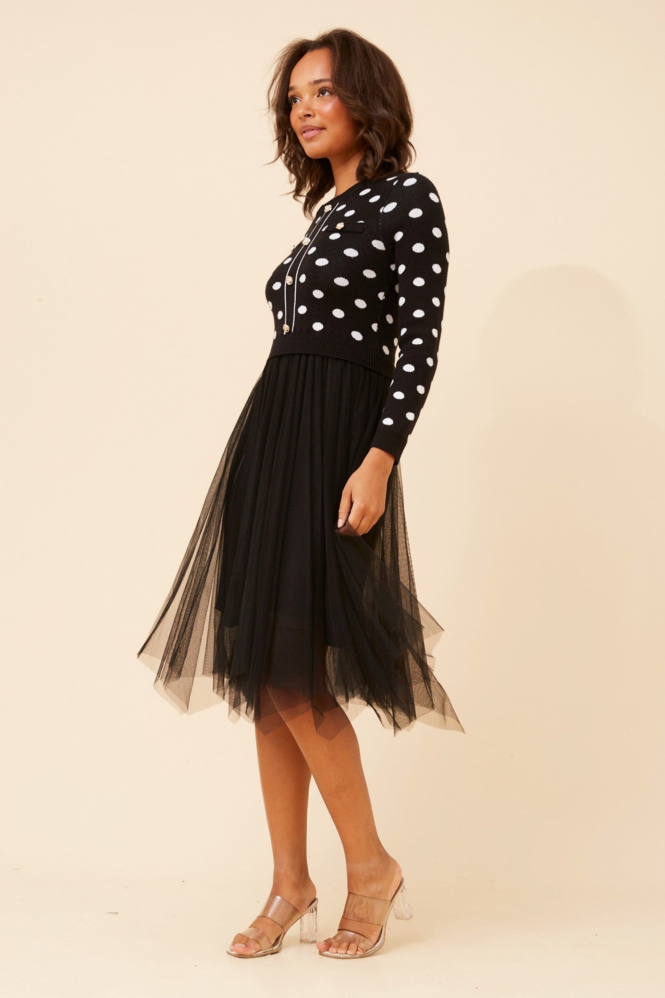 Image of Dresses. Product name - BRENNA POLKA DOT PRINT KNIT DRESS in Black colour by brand - Stella