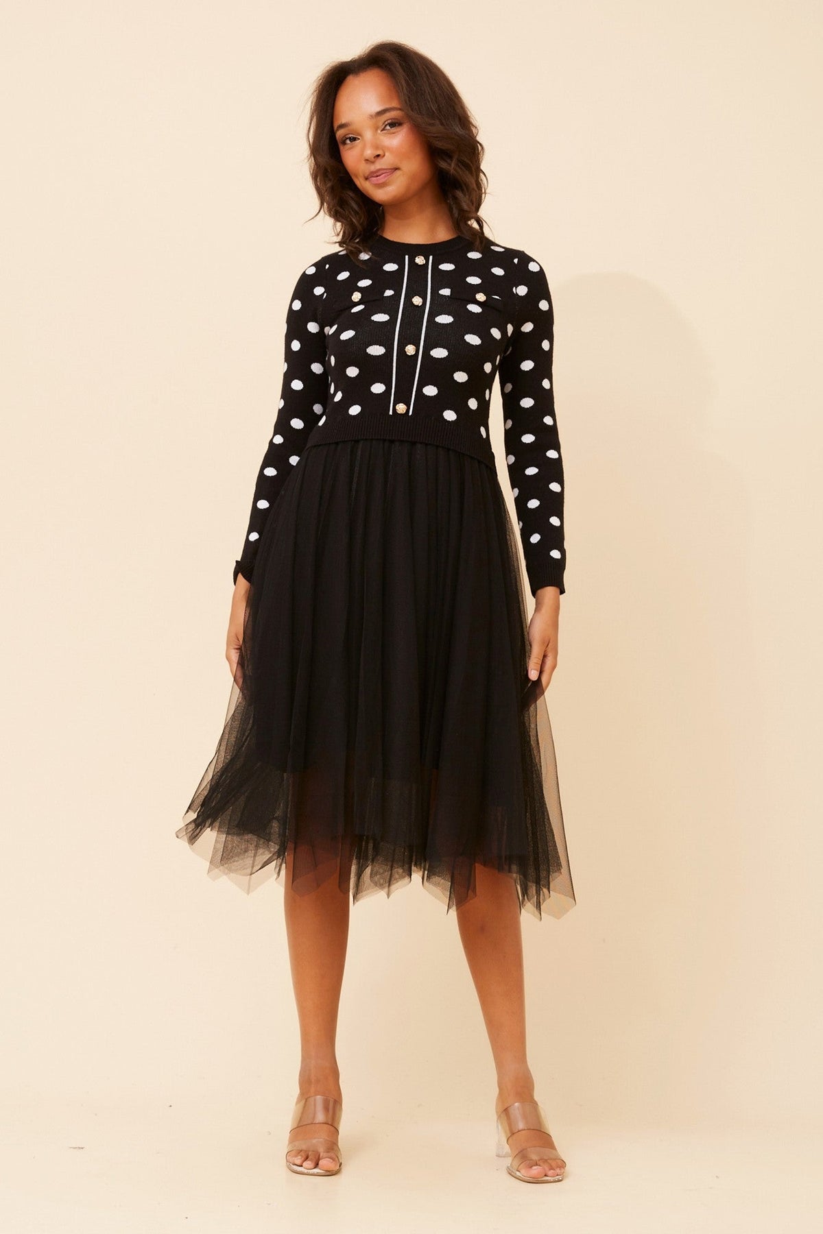 BRENNA POLKA DOT PRINT KNIT DRESS (Black)