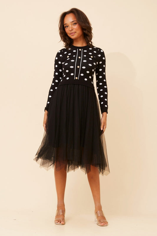 Image of Dresses. Product name - BRENNA POLKA DOT PRINT KNIT DRESS in Black colour by brand - Stella