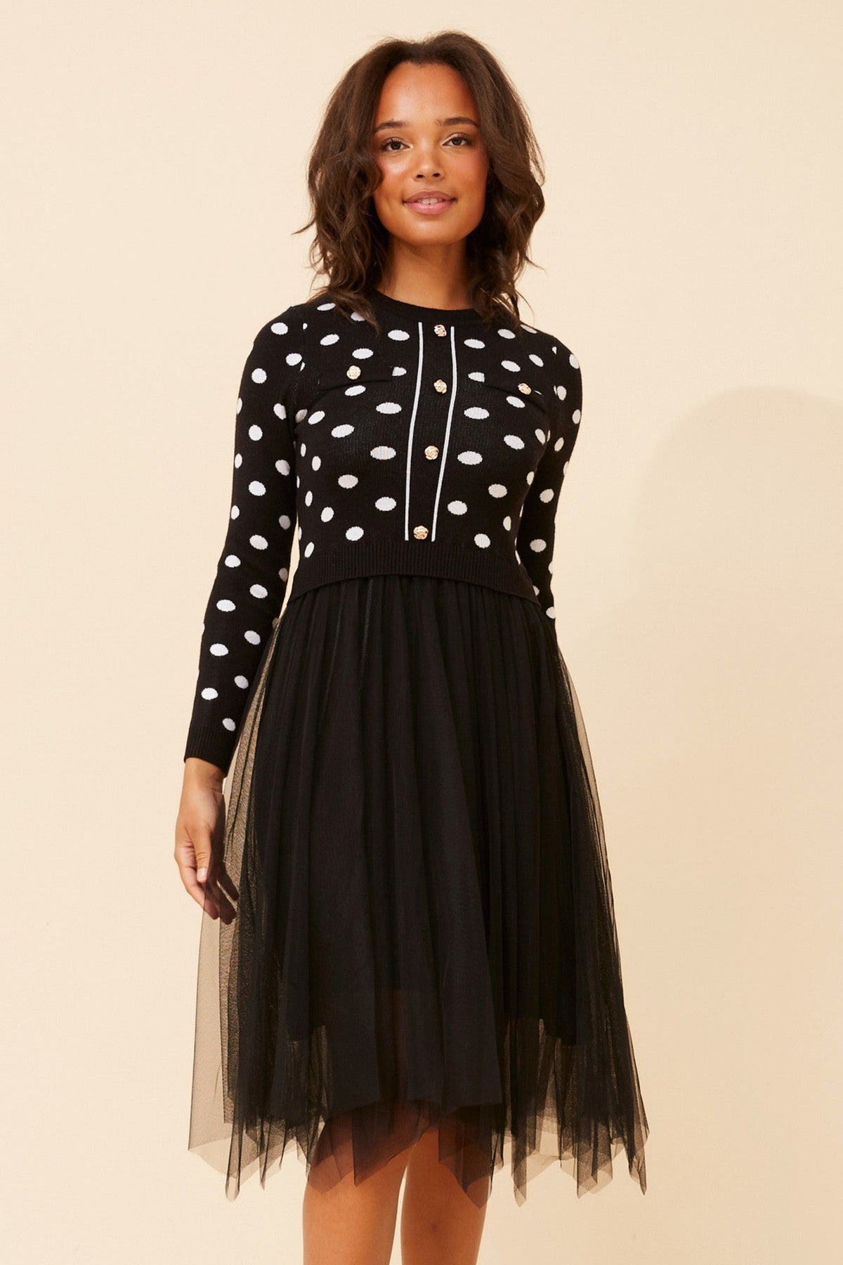 BRENNA POLKA DOT PRINT KNIT DRESS (Black)