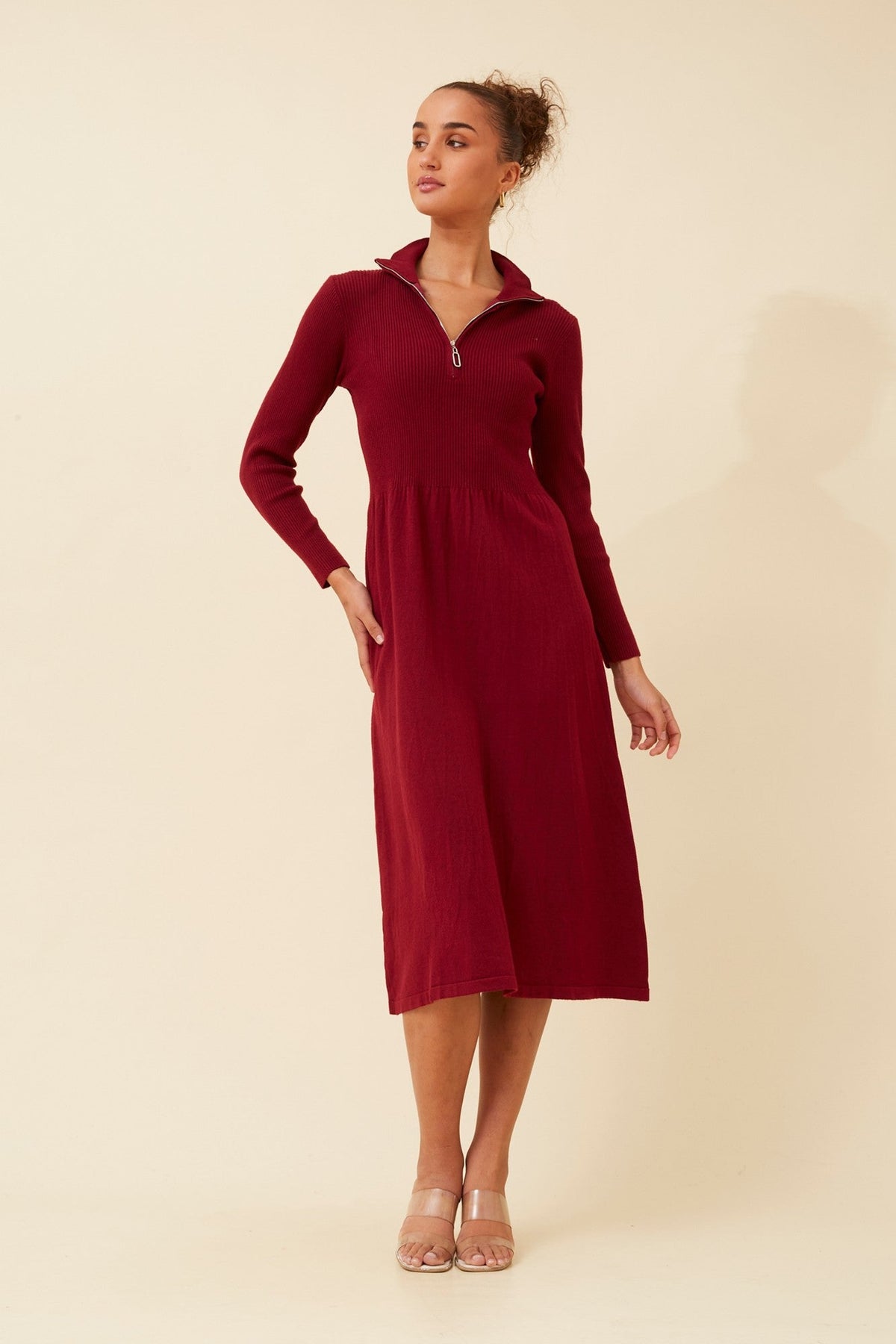 Image of Dresses. Product name - DUSTINE BABYDOLL KNIT DRESS in Burgundy colour by brand - Caroline Morgan Australia