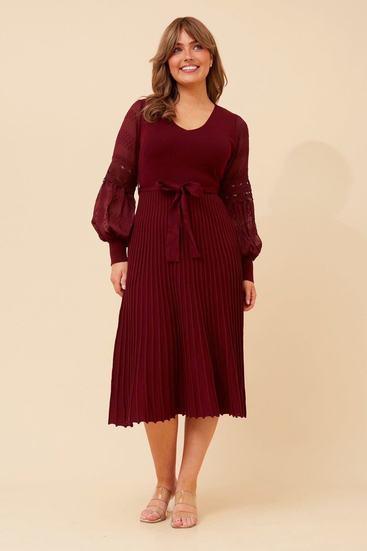 Image of Dresses. Product name - OLA LANTERN SLEEVE KNIT DRESS in Black colour by brand - Caroline Morgan Australia