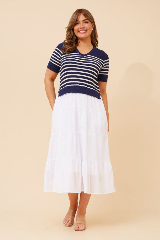 Image of Dresses. Product name - MAYLAH STRIPE PRINT TIERED DRESS in Navy/White colour by brand - Caroline Morgan Australia
