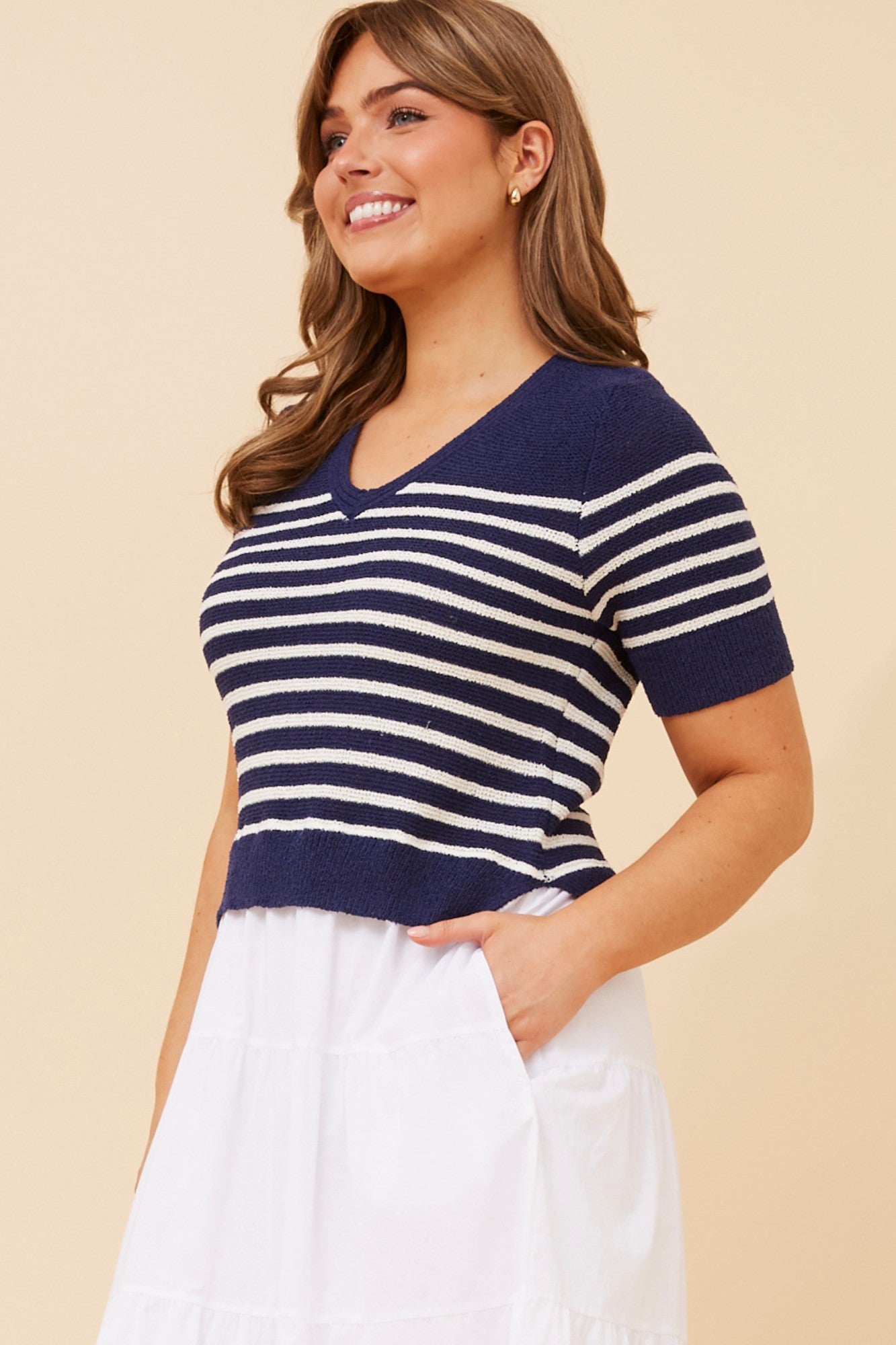 MAYLAH STRIPE PRINT TIERED DRESS (Navy/White)