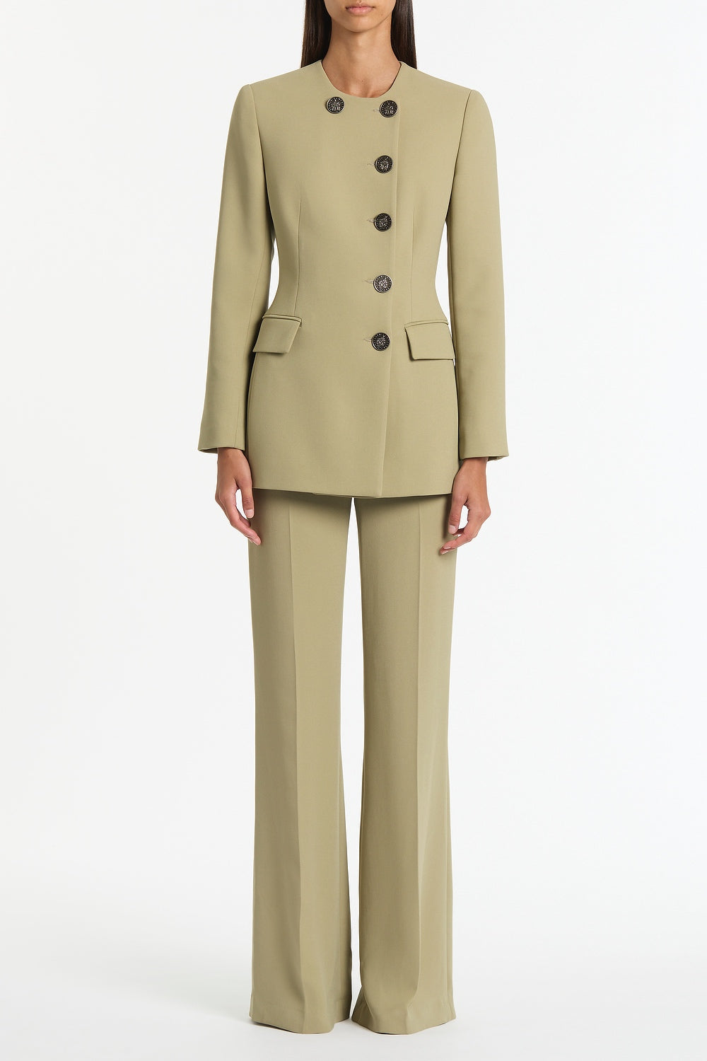 Image of Coats & Jackets. Product name - Kelp Crepe Moneta Blazer in Green colour by brand - Carla Zampatti