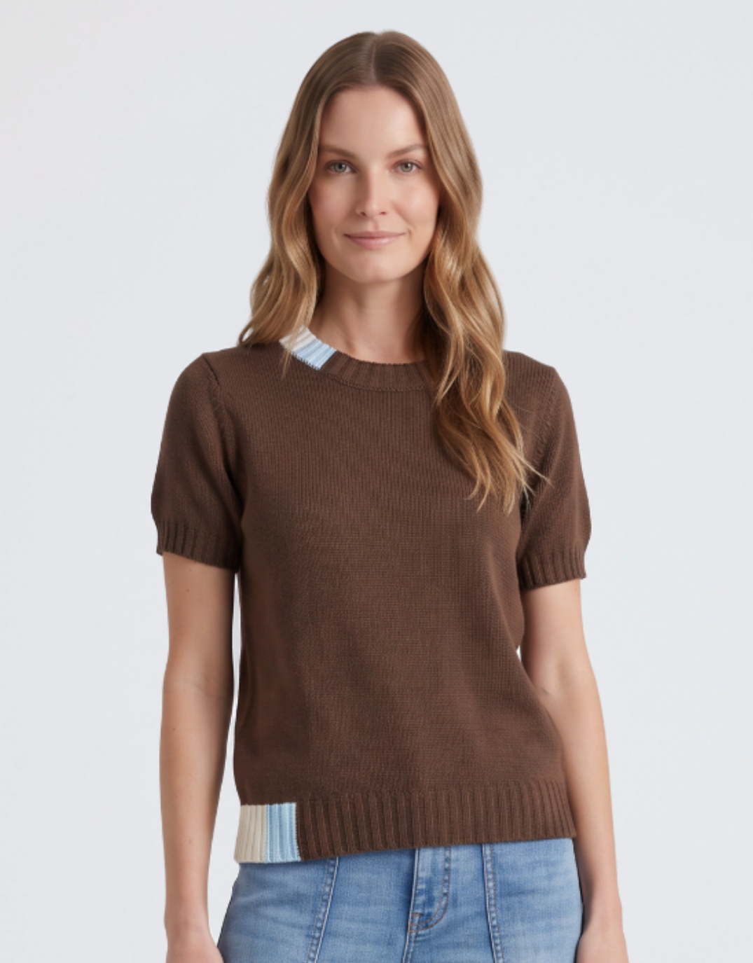 Image of a model wearing Outerwear. Product name - Knit Top Chocolate/Cream/Blue in Chocolate/Cream/Blue colour by brand - Urban Luxury