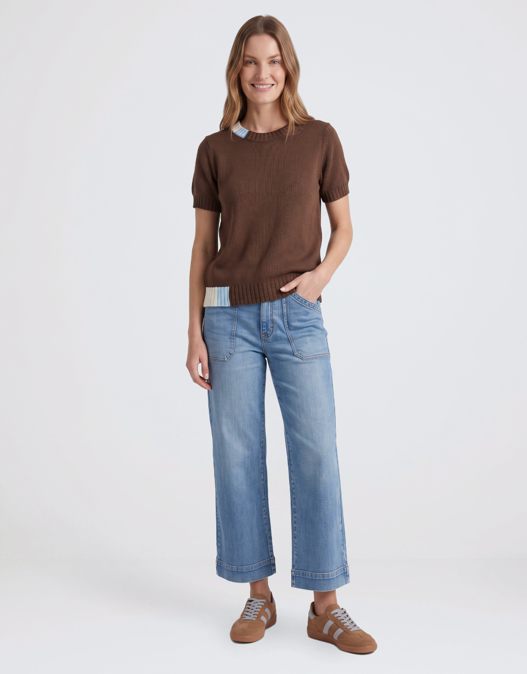Urban Luxury Knit Top (Chocolate/Cream/Blue)