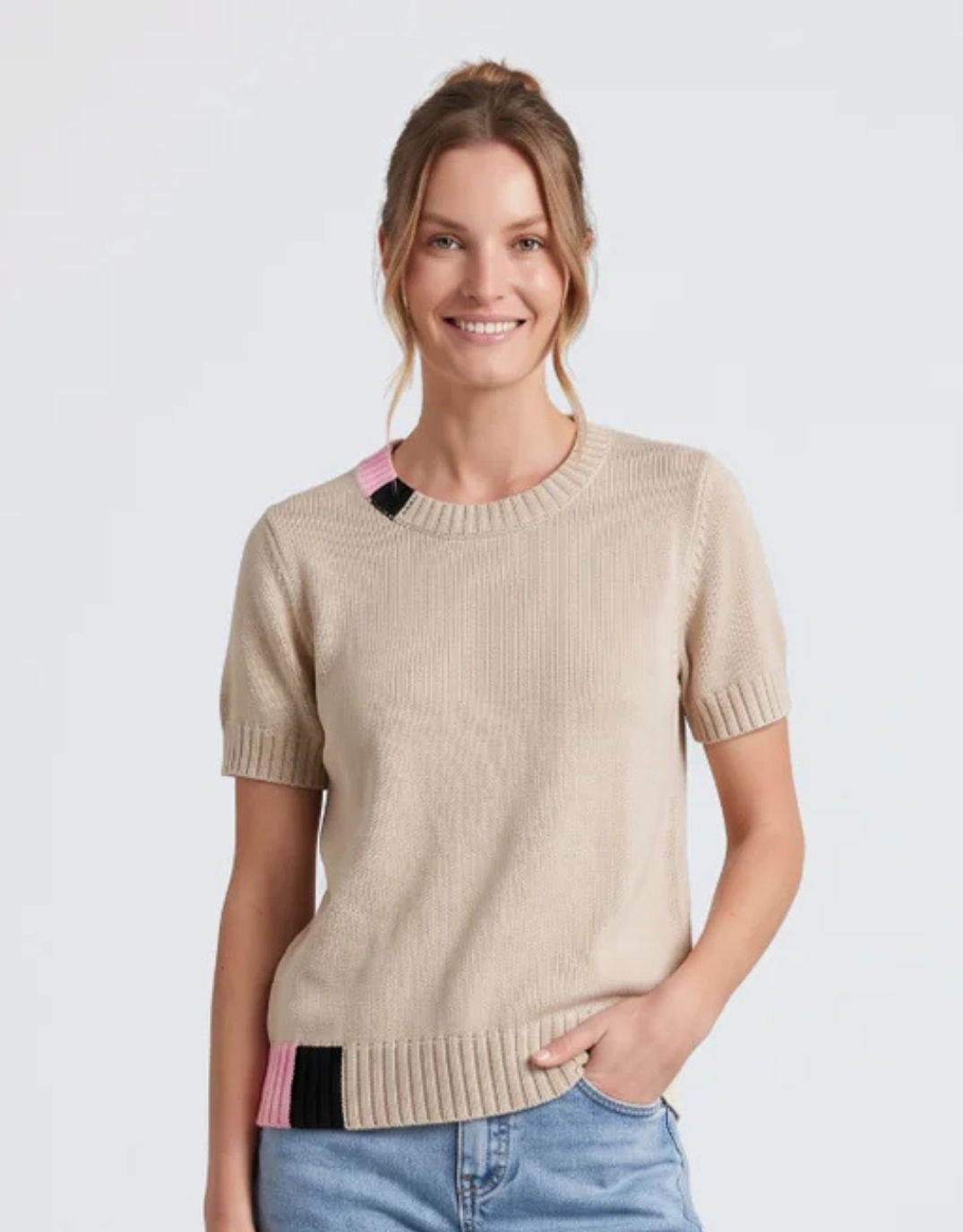 Image of a model wearing Outerwear. Product name - Knit Top Sand/Pink/Blue in Sand/Pink/Blue colour by brand - Urban Luxury