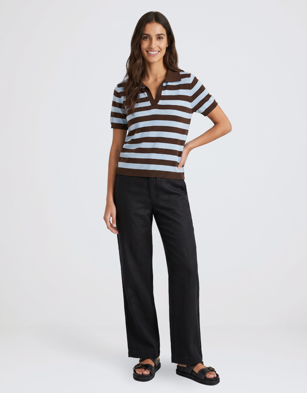 Urban Luxury Knit Striped Polo (Chocolate/Blue)