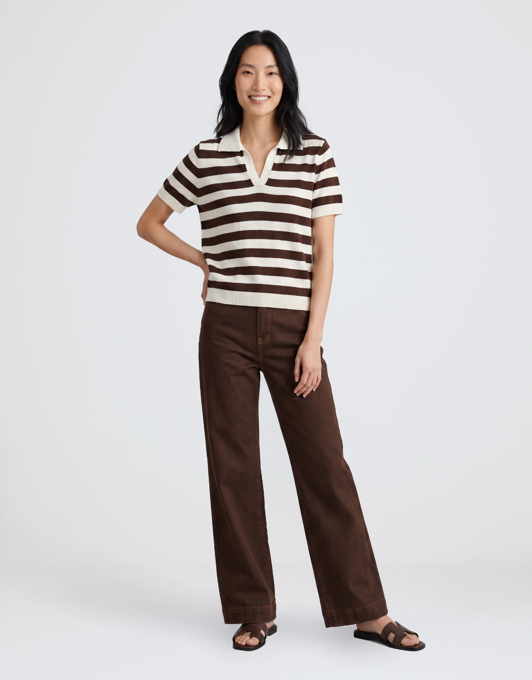 Urban Luxury Knit Striped Polo (Chocolate/Cream)